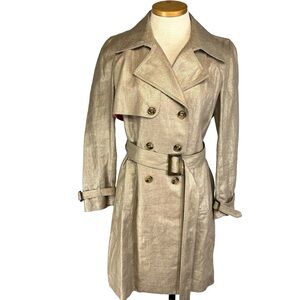 Dana Buchman Double Breasted Car Length Linen Trench Coat Women 4 in Gold Finish